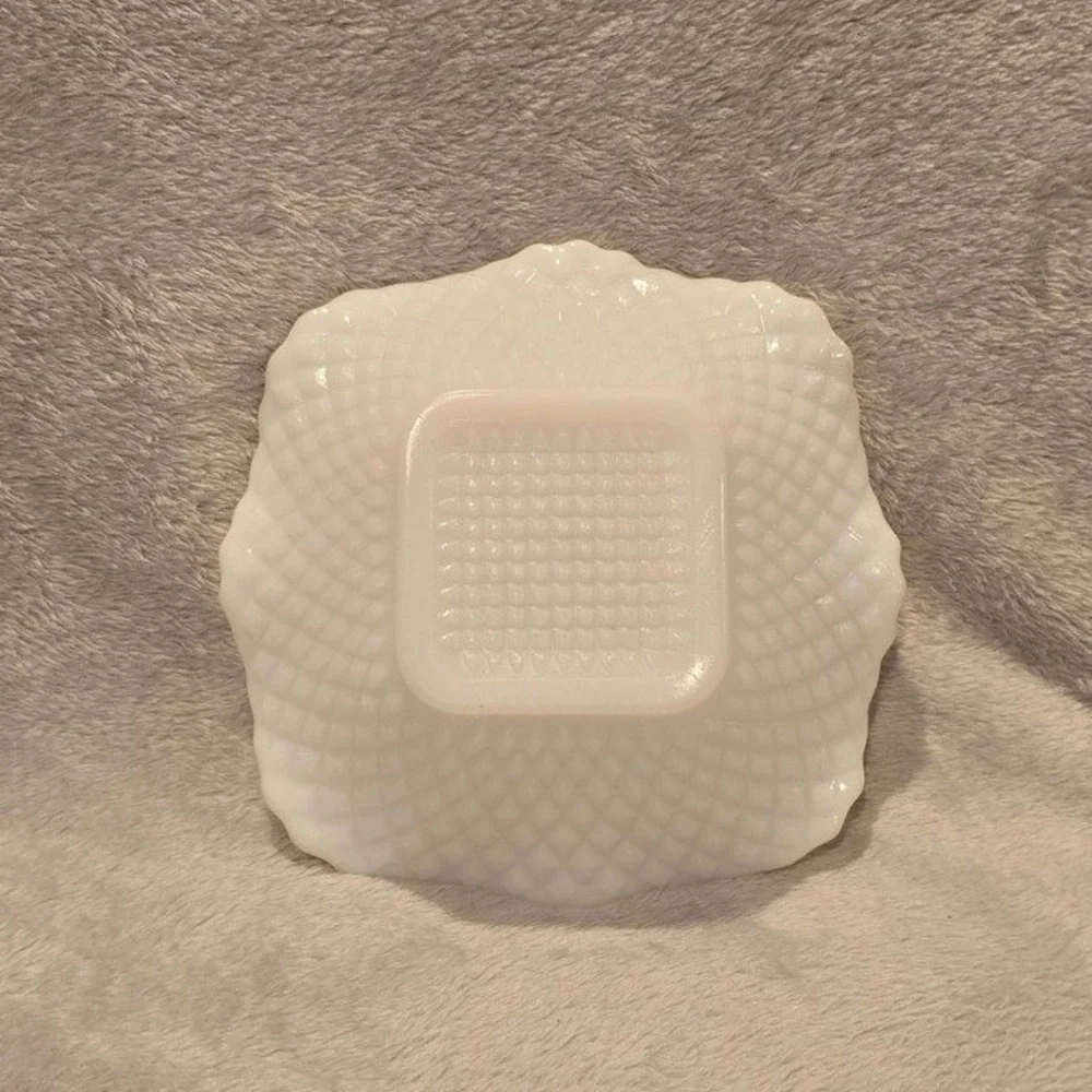 Vintage White Milk Glass Hobnail Ruffled Edge Square Candy Nut Bowl Dish 6.25x2